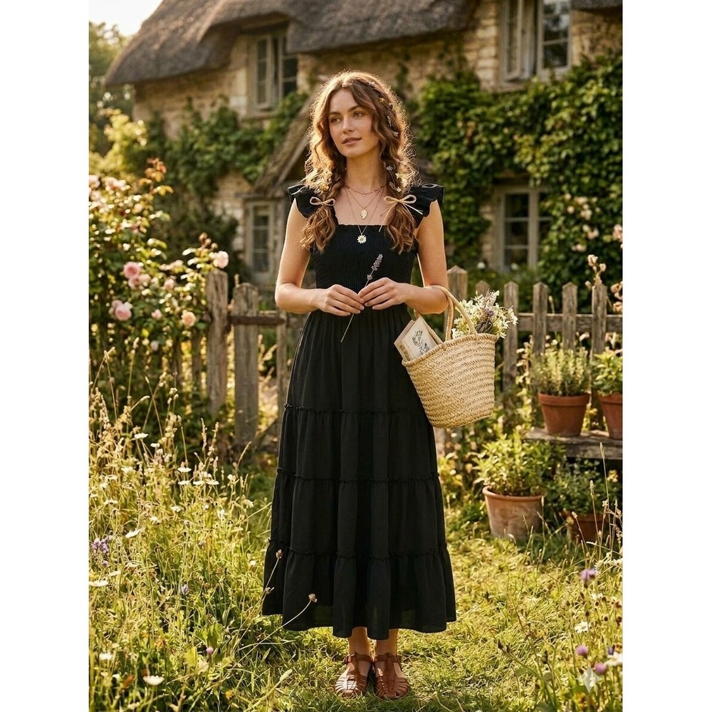 Hill House Home Ellie Nap Dress Black Smocked Ruffle Midi S
